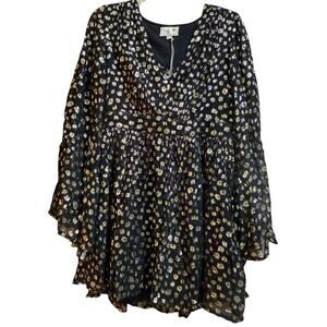 Mille Resort & Travel Black and Gold Flare Sleeve Mini Dress - Size Small - NWT